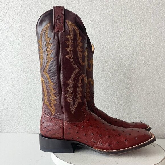 Rod Patrick Mens Cowboy Boots 12.5B Brown Full Quill Ostrich Western Square Toe - Picture 2 of 12